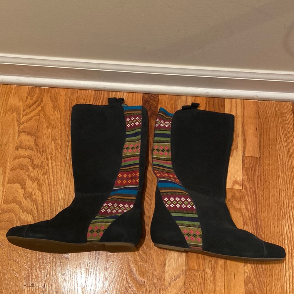 Pink Studio Black & Pattern Leather & Fabric Boots